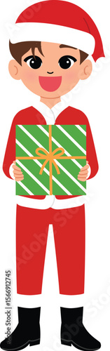 happy kid character hold a gift, smile boy cartoon wear elf costume with christmas present illustration