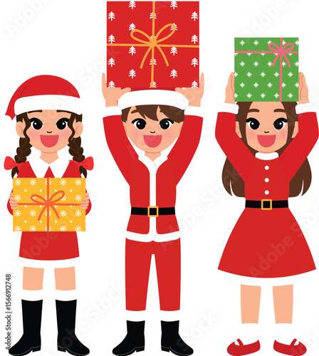 happy children character hold christmas gift, smile boy and girl cartoon wear Santa Claus costume with festive present illustration