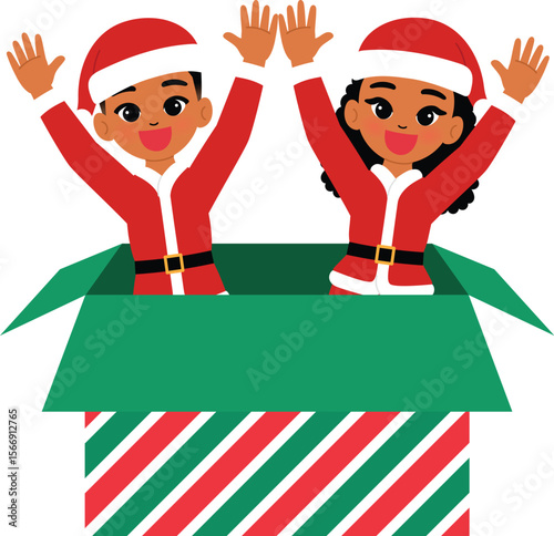 happy black children character jump out from  giant christmas gift box, smile girl and boy cartoon wear elf costume surprise in joy illustration 