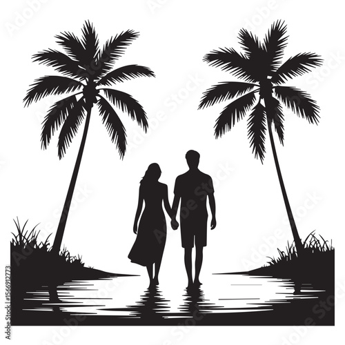 A couple walks hand in hand on a tropical beach with palm trees