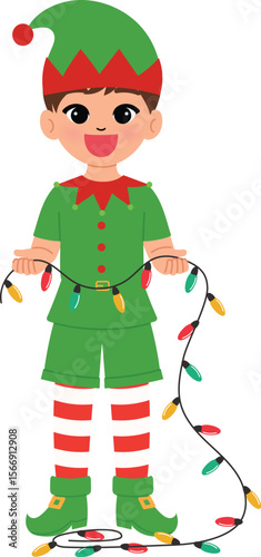 happy kid character christmas light, smile boy cartoon wear elf costume illustration