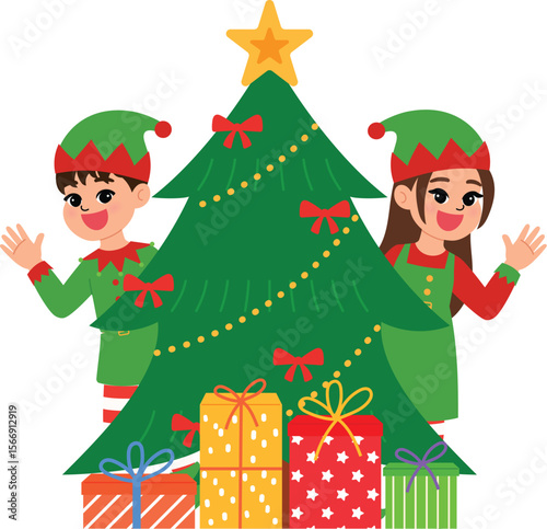 happy children character surprise in joy from christmas tree, smile girl and boy cartoon wear elf costume surprise and greeting for christmas illustration