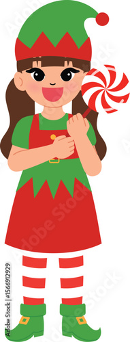 happy kid character hold christmas candy , smile girl cartoon wear elf costume with christmas treat illustration