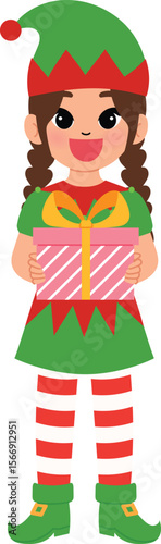 happy kid character hold a gift, smile girl cartoon wear elf costume with christmas present illustration