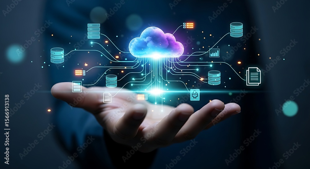 Fototapeta premium Cloud computing technology concept. Hand holds a glowing cloud hologram with data connections, representing cloud storage, SaaS, and digital transformation.