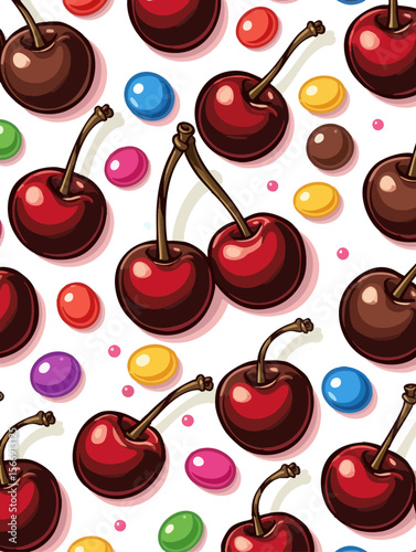a pattern of chers and cherry slices on white background vector art illustration