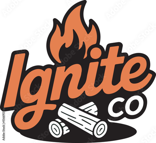 Orange ignite text with fire and logs flame wood