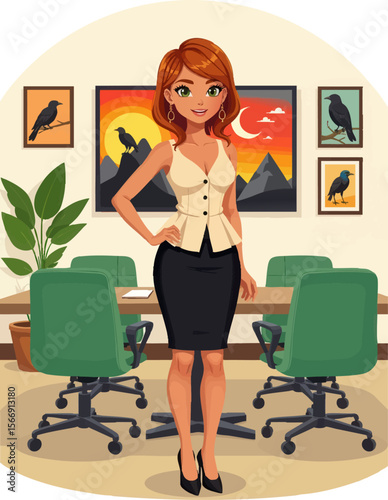 a woman standing in front of an office desk with green chairs and plants