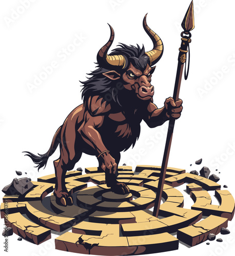 an image of a minotaurus standing on the ground with his spear in hand