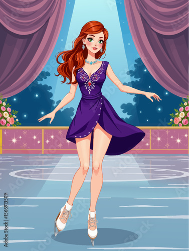 a girl skating on the ice rink in front of an open stage with curtains