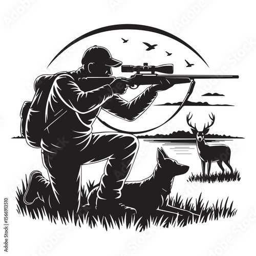 A hunter aims his rifle at a deer with his dog nearby
