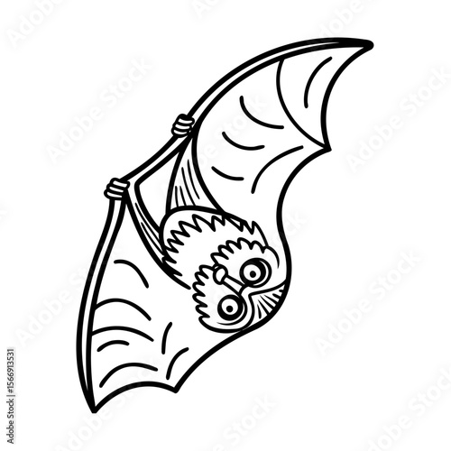 Black and white bat illustration hanging upside down on white background