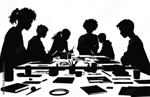 Collaborative Workspace — Silhouette Scene of People Gathering Around a Table Engaged in Reading, Writing, and Discussion