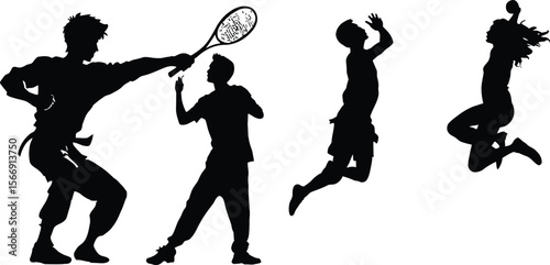 Action Sports Silhouettes — Dynamic Vector Set Featuring Martial Arts, Racket Game, Basketball, and Dance Movements in Expressive Layout
