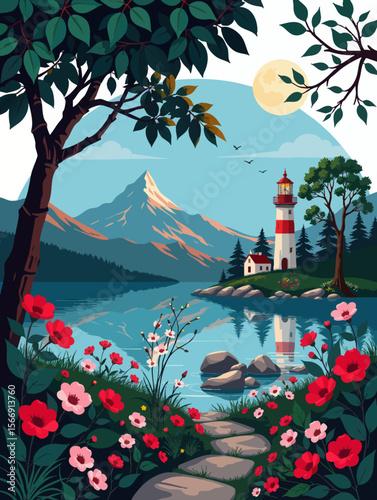 a beautiful landscape with flowers and trees in the fore, vector art illustration