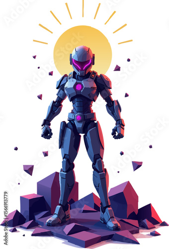 a robot standing on top of rocks with the sun behind it 
