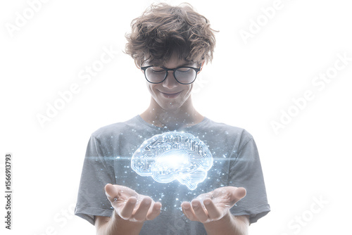 Young man cradles a glowing holographic brain, representing intelligence and technology.