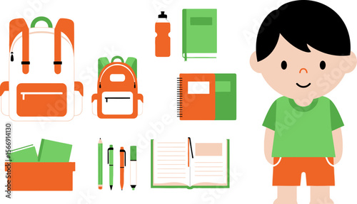 Back to school supplies vector illustration with boy and school items set