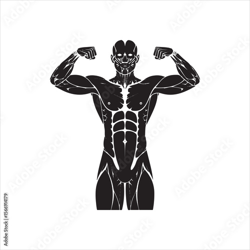 Stylized muscular male bodybuilder flexing biceps with detailed anatomy