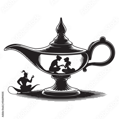 Aladdin and jasmine are inside a magic lamp isolated on white background