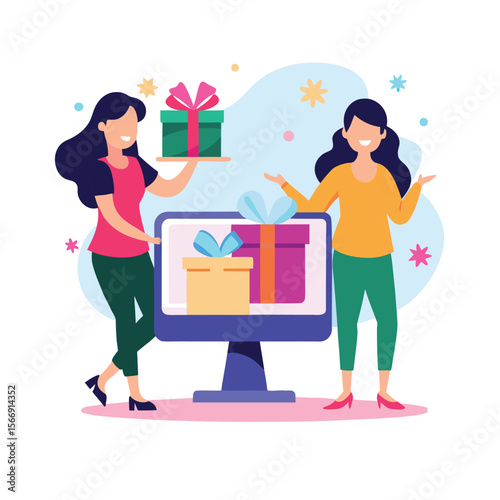 Online Celebration with Happy Women Holding Gifts – Vector Icon