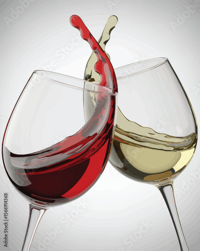 Two wine glasses clinking together with red and white wine splashing