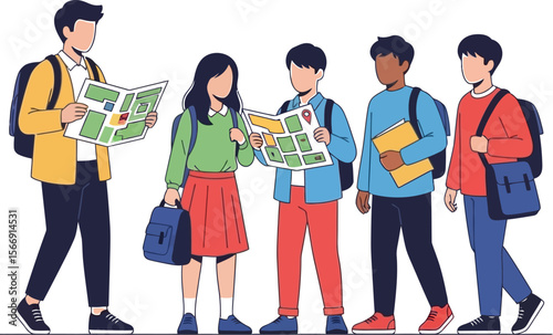 Group of students with maps planning a trip school excursion illustration