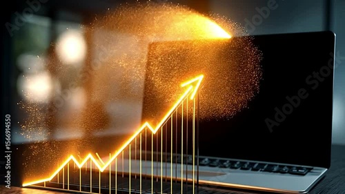 Glowing arrow graph pointing upwards in front of a laptop on a dark wooden surface view
