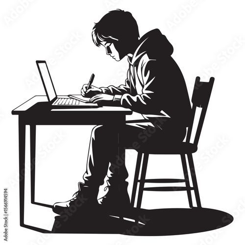 A student is working on his laptop isolated on white background