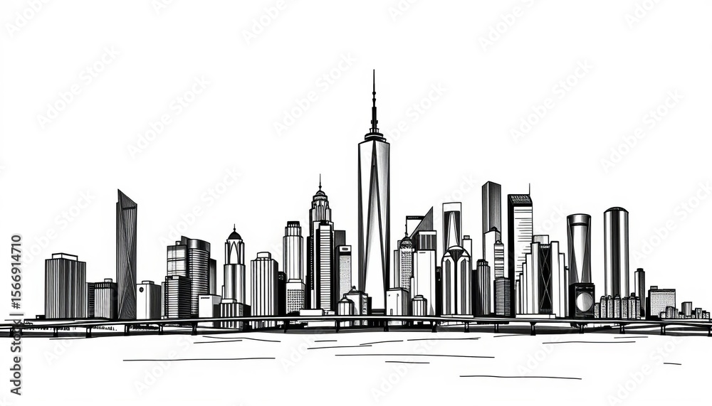 Obraz premium Stylized black, white, and gray cityscape sketch, vector illustration City skyline, urban architecture, skyline, modern