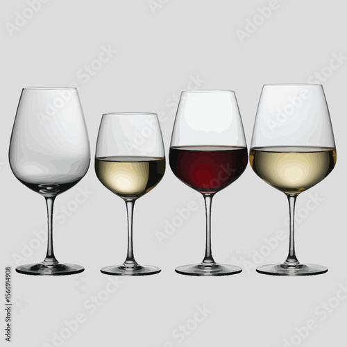 Four wine glasses with red and white wine and one empty glass