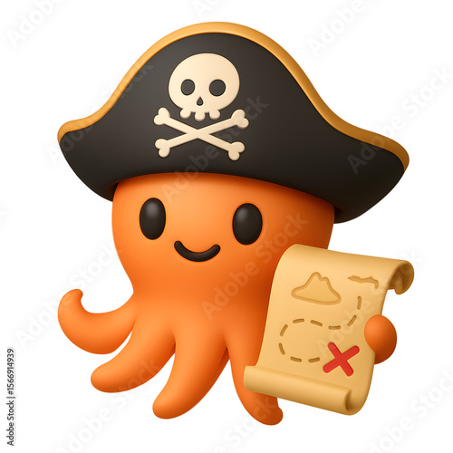 Cute 3D Octopus Pirate with Treasure Map Transparent Background