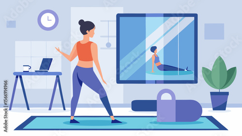 Woman exercising at home in front of a smart mirror displaying virtual workout session