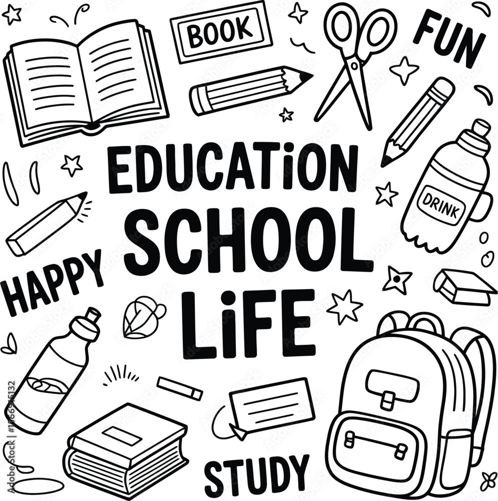 Fototapeta premium Education School Life — Silhouette Arrangement of Stationery, Books, Backpack, and Doodles with Motivational Words in Circular Layout