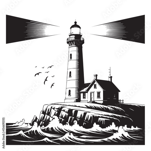 A lighthouse stands tall on a cliff overlooking the stormy sea