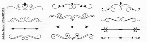 ornamental text divider, elegant border design elements, perfect for web, page decoration, invitations, cards. Vintage style, monochromatic, vector set. Unique, intricate swirls, curls, shapes