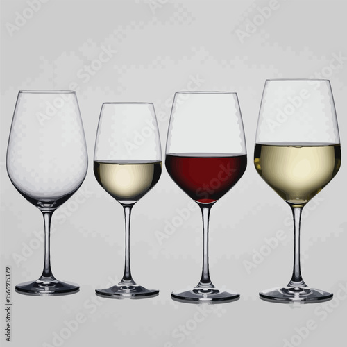 Four wine glasses displaying red wine white wine and an empty glass