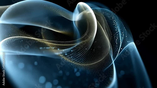 Abstract flowing light strands with shimmering dots on a dark blue and black background