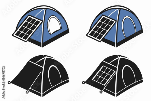 Set of 4 icons for portable solar panels. White background. Gradient shape style, add blue and black as the main colors.