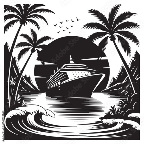 A cruise ship sails on the ocean near a tropical island at sunset