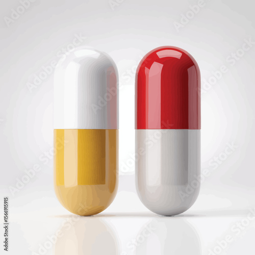 Two large medical capsules one red and white the other white and yellow