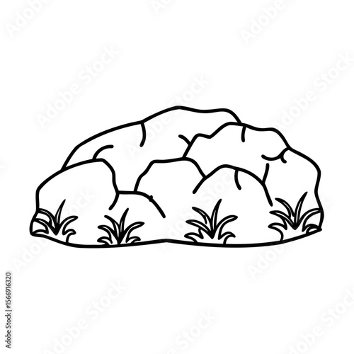 Black and white one line art illustration of a rock formation with grass