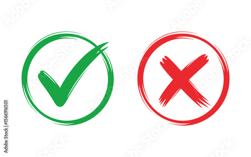 Hand-Drawn Tick & Cross Icon Set – Brush-Painted Check Mark and X Symbols in Vector for UI, Web, Apps, Voting, Surveys, Presentations, and Creative Design Projects. 