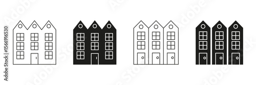 Row Of Townhouses Line And Solid Icon Set. Urban Housing, Real Estate, And Residential Architecture Symbol Collection. Modern City Living And Property Development. Isolated Vector Illustration