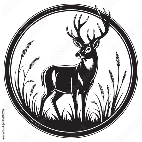 A majestic deer stands tall among the grass, isolated on white background
