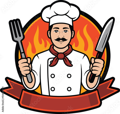 Cartoon Chef with Fork and Knife