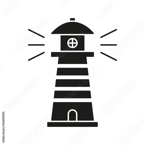 Lighthouse With Light Beams Solid Icon. Navigation, Guidance, And Safety Silhouette Symbol. Maritime Signal And Coastal Warning. Isolated Vector Illustration
