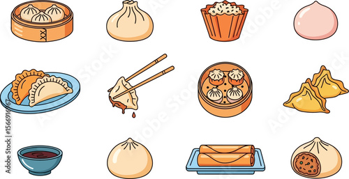 Delicious asian cuisine dumplings dim sum and spring rolls vector illustration