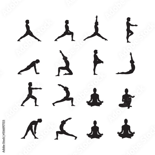 Black Silhouettes of Yoga Poses on White Background 2