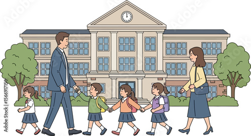 Cartoon illustration of school children with teacher and parent walking home